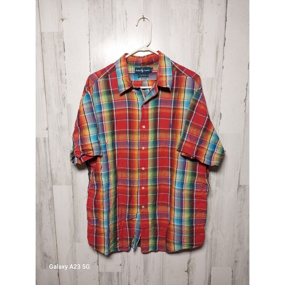 Men's Ralph Lauren Short Sleeve Rainbow Plaid Linen Blend Shirt Size XXL